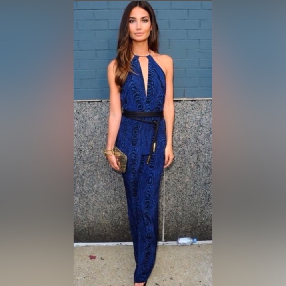 NEW Diane von Furstenberg - Blue & Black Wood Grain Print Silk Jumpsuit Sz 8/10